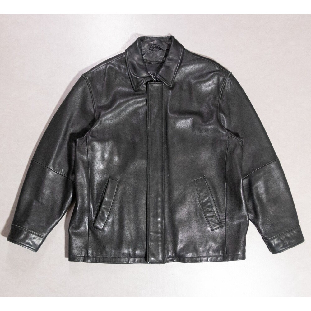 Jos A Bank Collared Full Zip Genuine Leather Black Bomber Jacket Men's Large